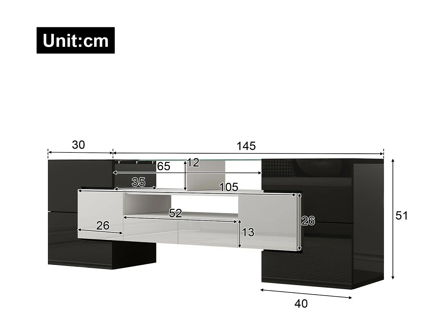Mobili TV 2 cassetti 6 porte e 3 nicchie, con LED, carico massimo di 60 kg, nero+bianco, 145x30x51cm