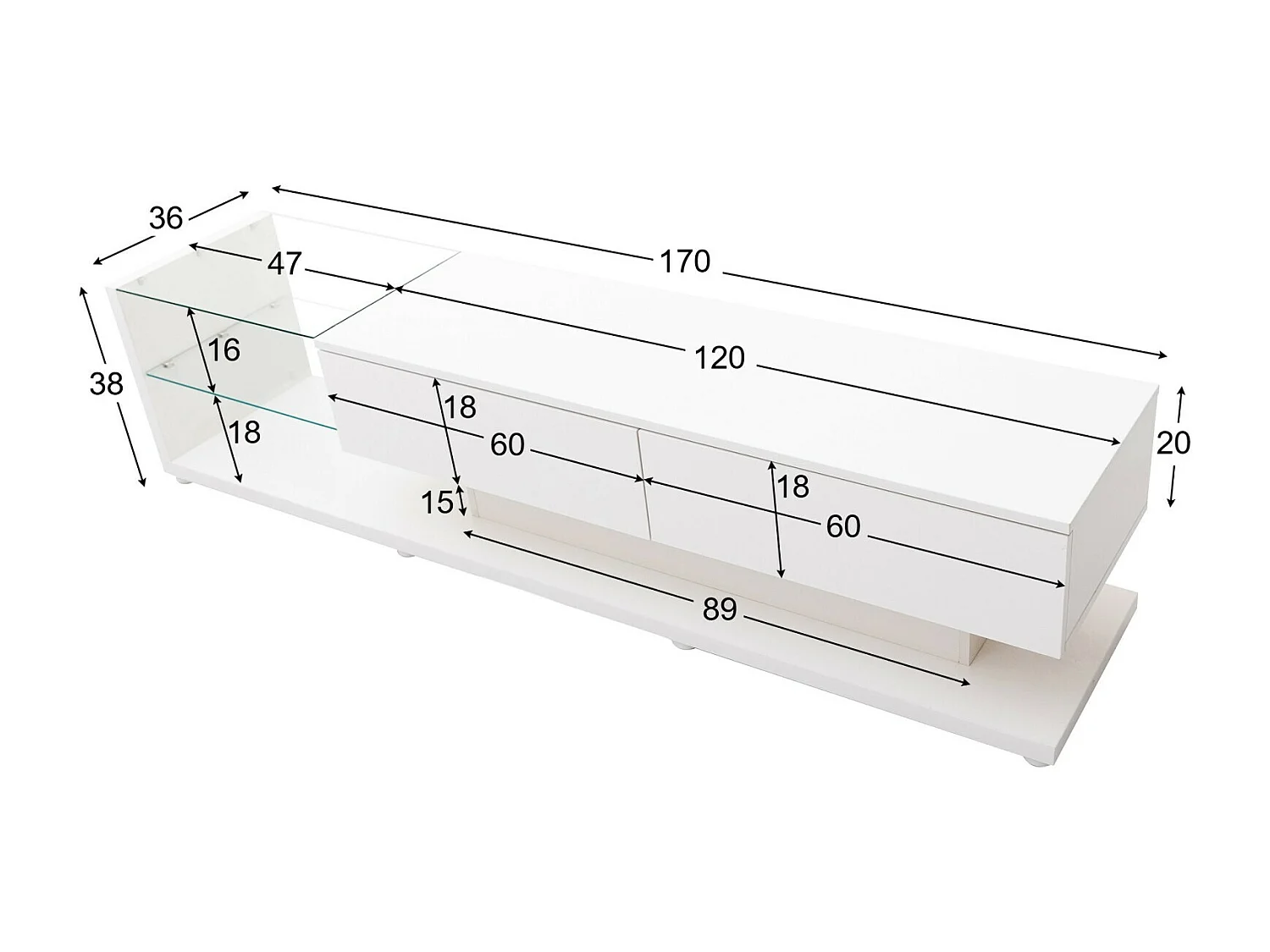 Gabinetto TV 2 cassetti e 2 ripiani di vetro, pannelli bassi, con LED variabile, carico massimo da 50 kg, 170x36x38 cm, bianco