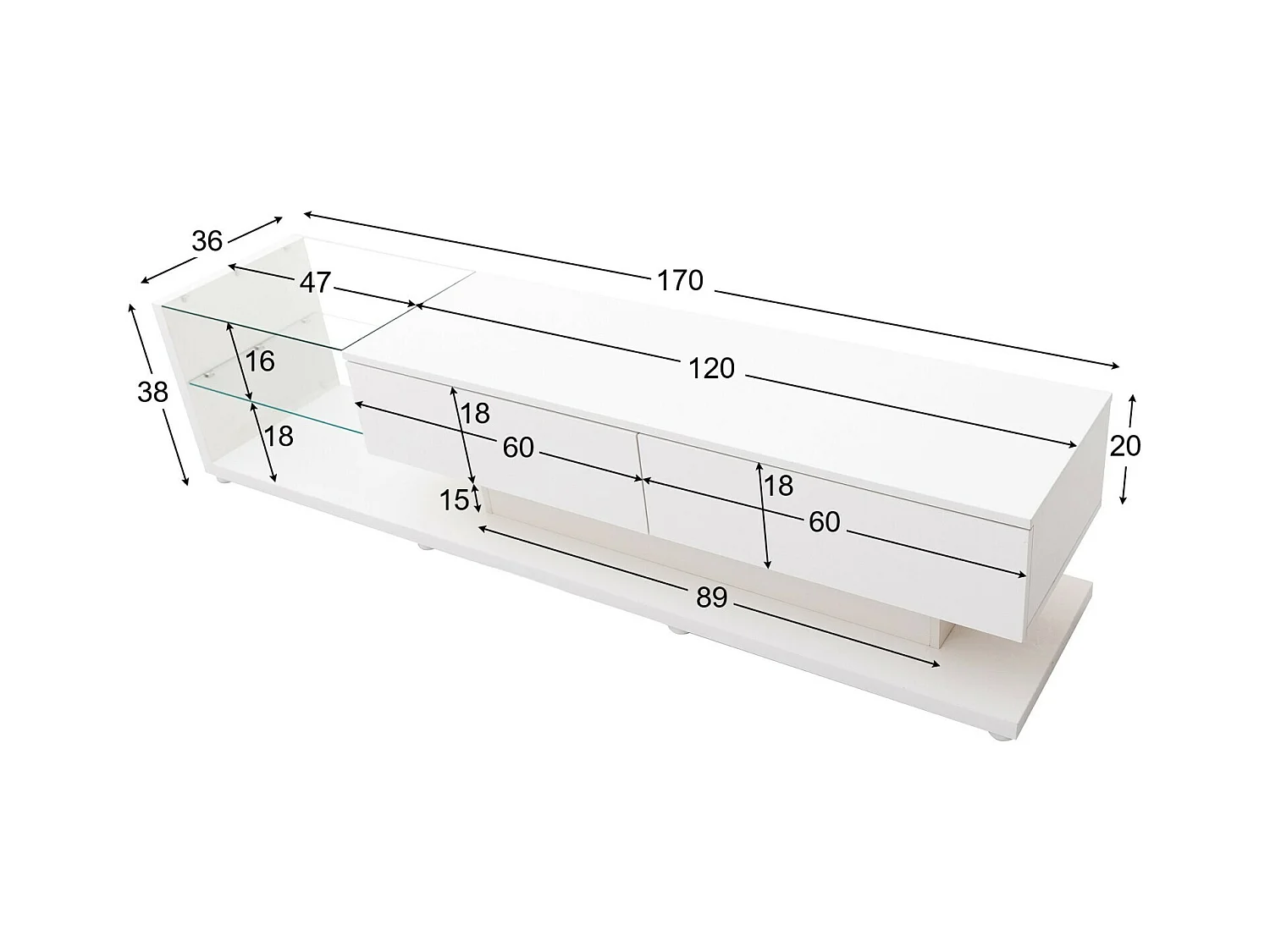 Meuble TV 2 tiroirs et 2 étagères en verre, panneaux bas, avec LED variable, charge max 50kg, 170x36x38cm, Blanc