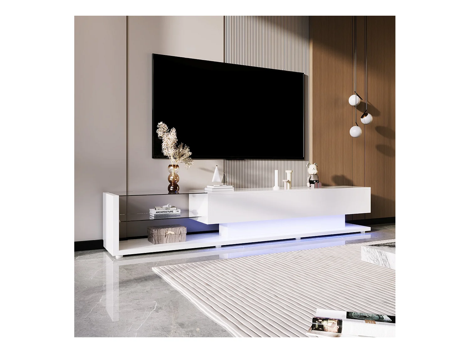 Meuble TV 2 tiroirs et 2 étagères en verre, panneaux bas, avec LED variable, charge max 50kg, 170x36x38cm, Blanc