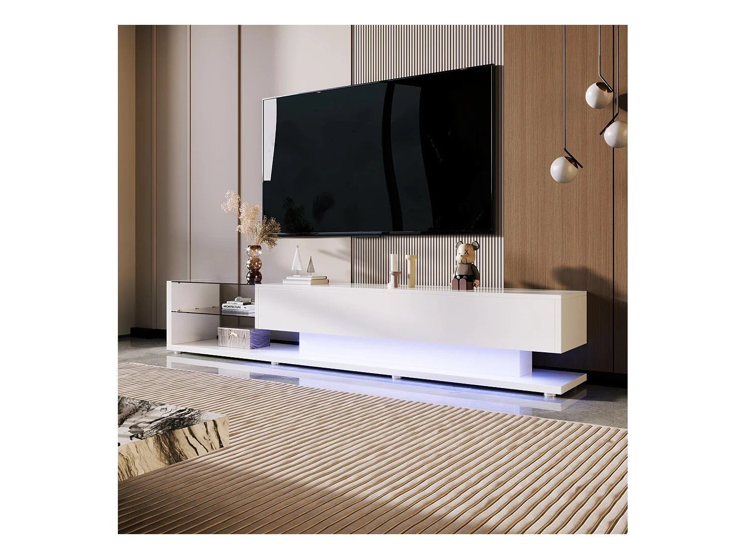 Meuble TV 2 tiroirs et 2 étagères en verre, panneaux bas, avec LED variable, charge max 50kg, 170x36x38cm, Blanc