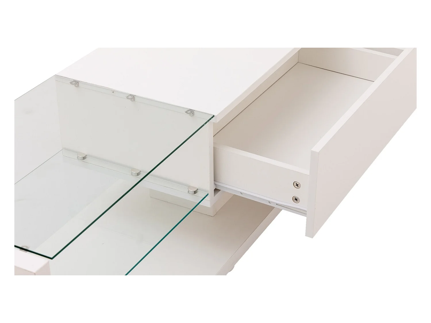 Meuble TV 2 tiroirs et 2 étagères en verre, panneaux bas, avec LED variable, charge max 50kg, 170x36x38cm, Blanc