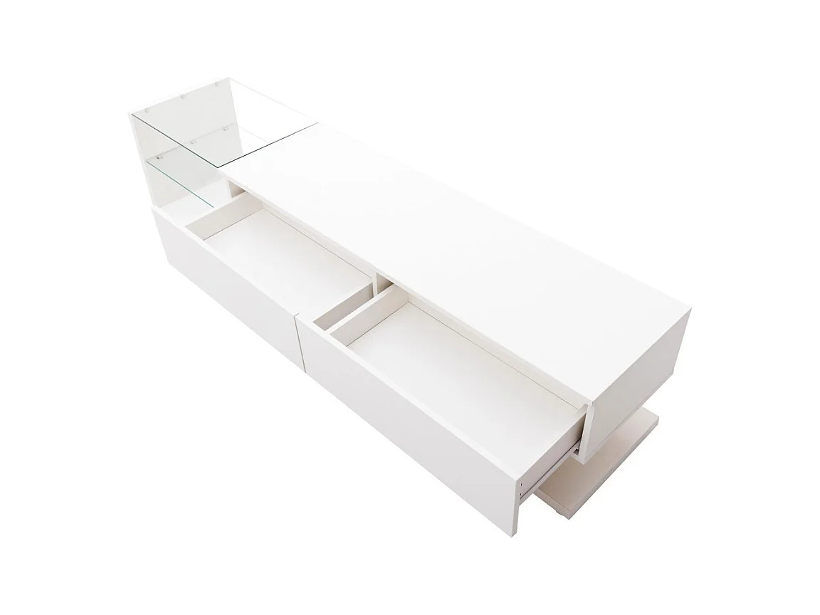 Meuble TV 2 tiroirs et 2 étagères en verre, panneaux bas, avec LED variable, charge max 50kg, 170x36x38cm, Blanc