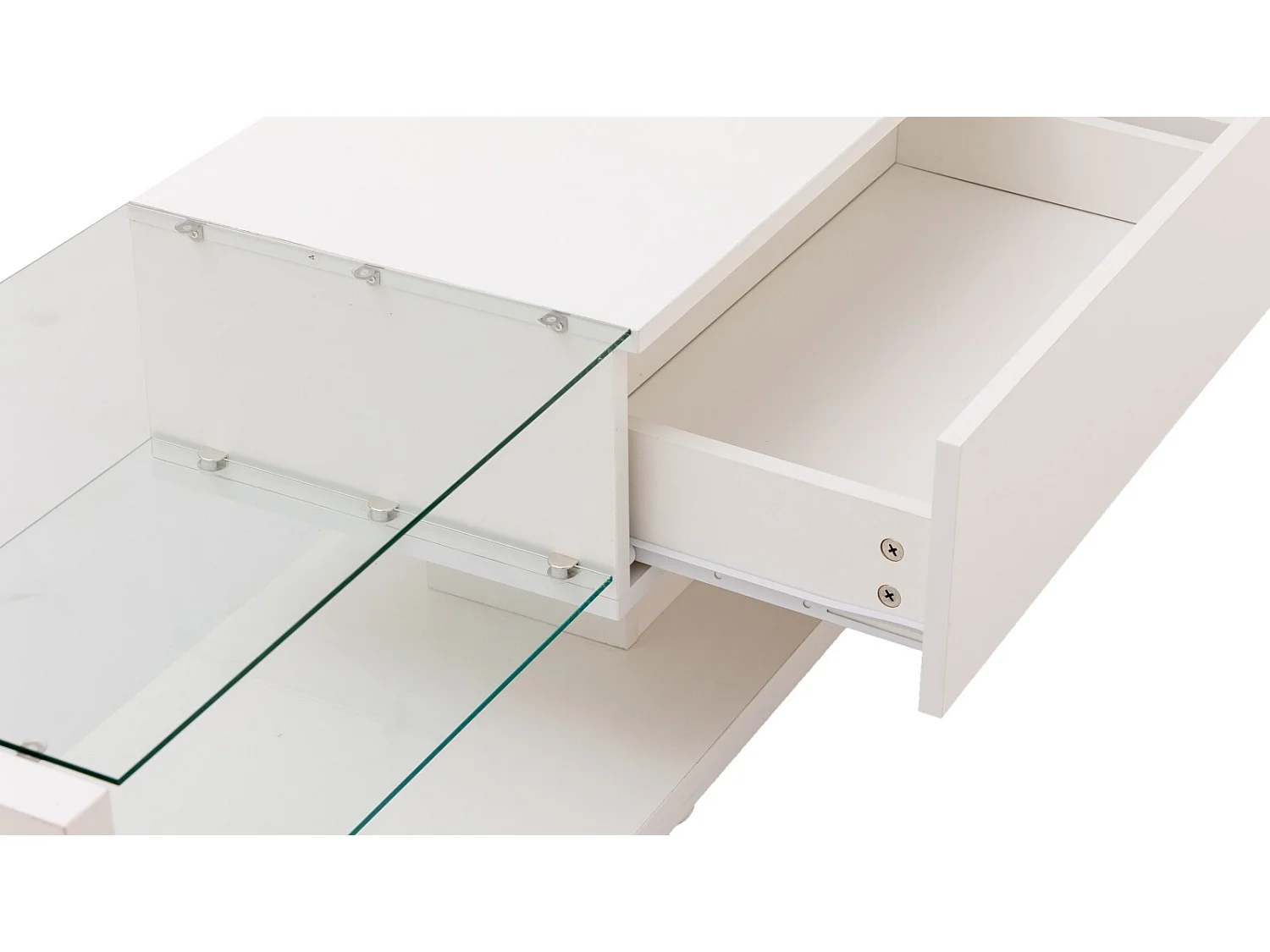 Meuble TV 2 tiroirs et 2 étagères en verre, panneaux bas, avec LED variable, charge max 50kg, 170x36x38cm, Blanc