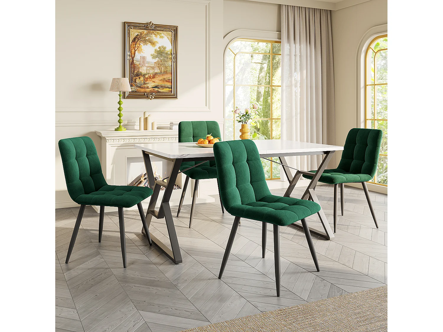 Groupe De Salle à Manger 5 Pièces, Table 119x70 Cm, 4 Chaises Cuir Pu, Pieds En Fer, Vert Foncé