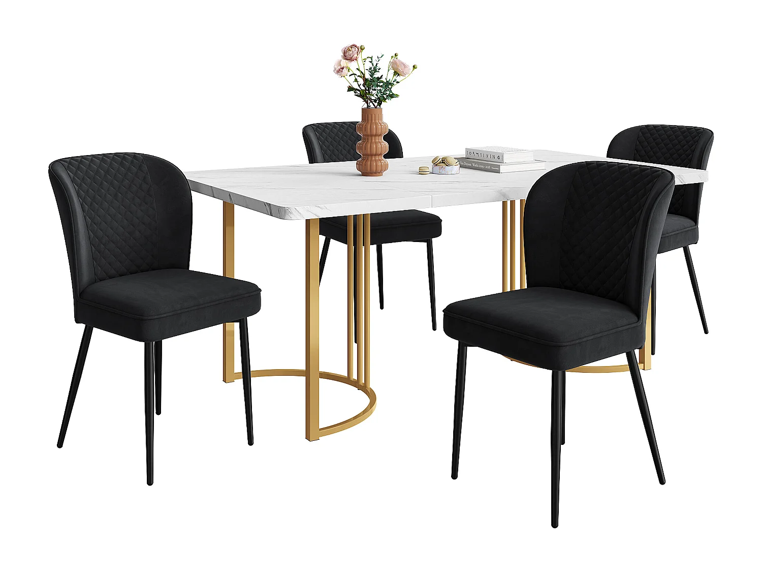 Tisch- und Stuhlset, weißes MDF, schwarze Samtstühle, goldene Beine, 140×80 cm