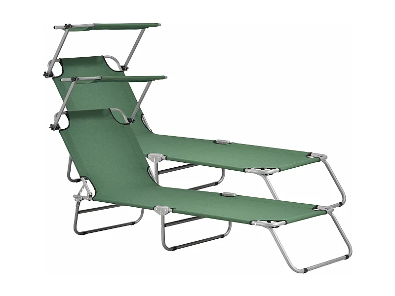 Conjunto de 2 espreguiçadeiras com guarda-sol em aço poliéster prateado verde escuro 03_0006429