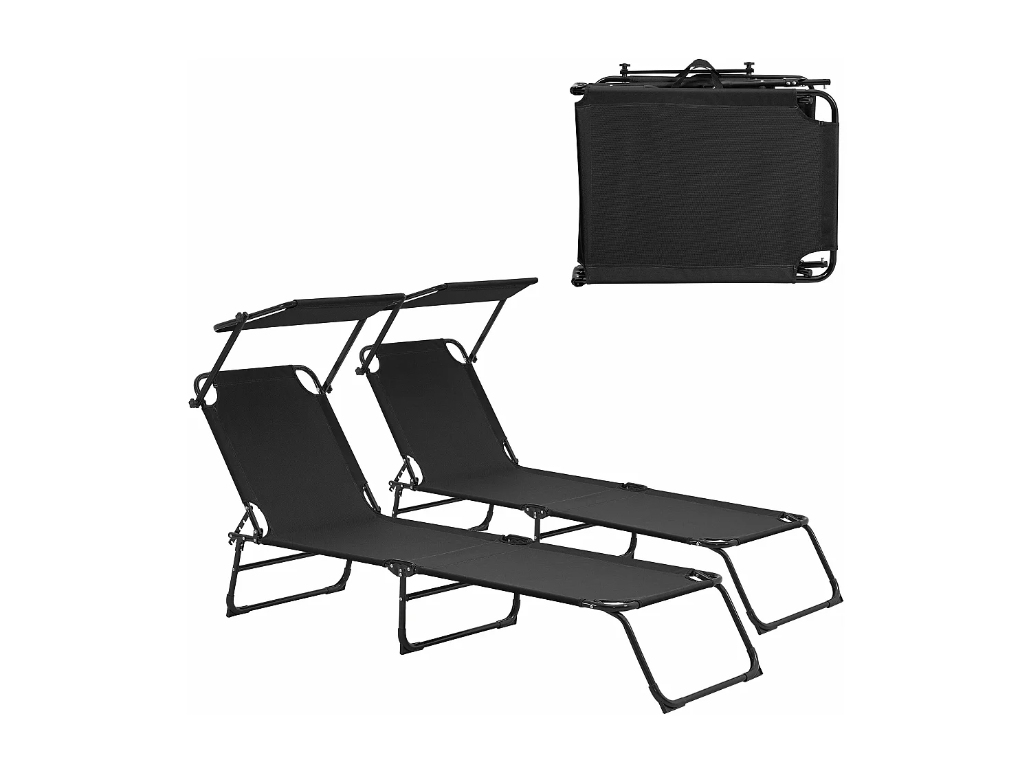 Juego de 2 tumbonas plegables de 190 cm con techo parasol relax de acero negro 03_0004513