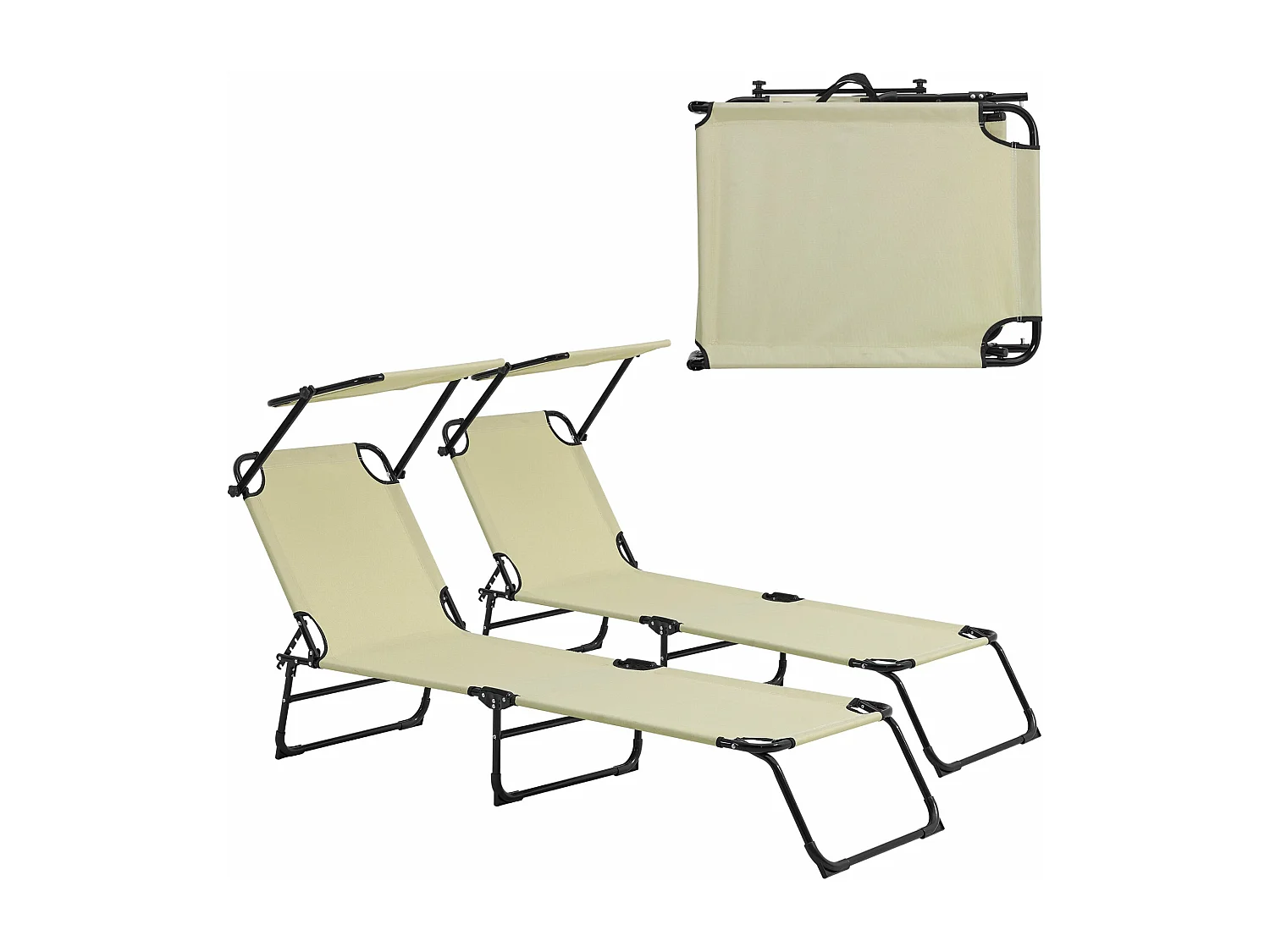 Conjunto de 2 espreguiçadeiras dobráveis ​​com guarda-sol de relaxamento em aço 190 cm creme 03_0004511
