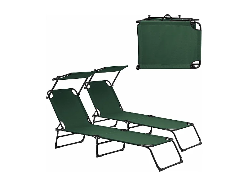 Juego de 2 tumbonas plegables con techo de acero parasol 190 cm verde oscuro 03_0004514