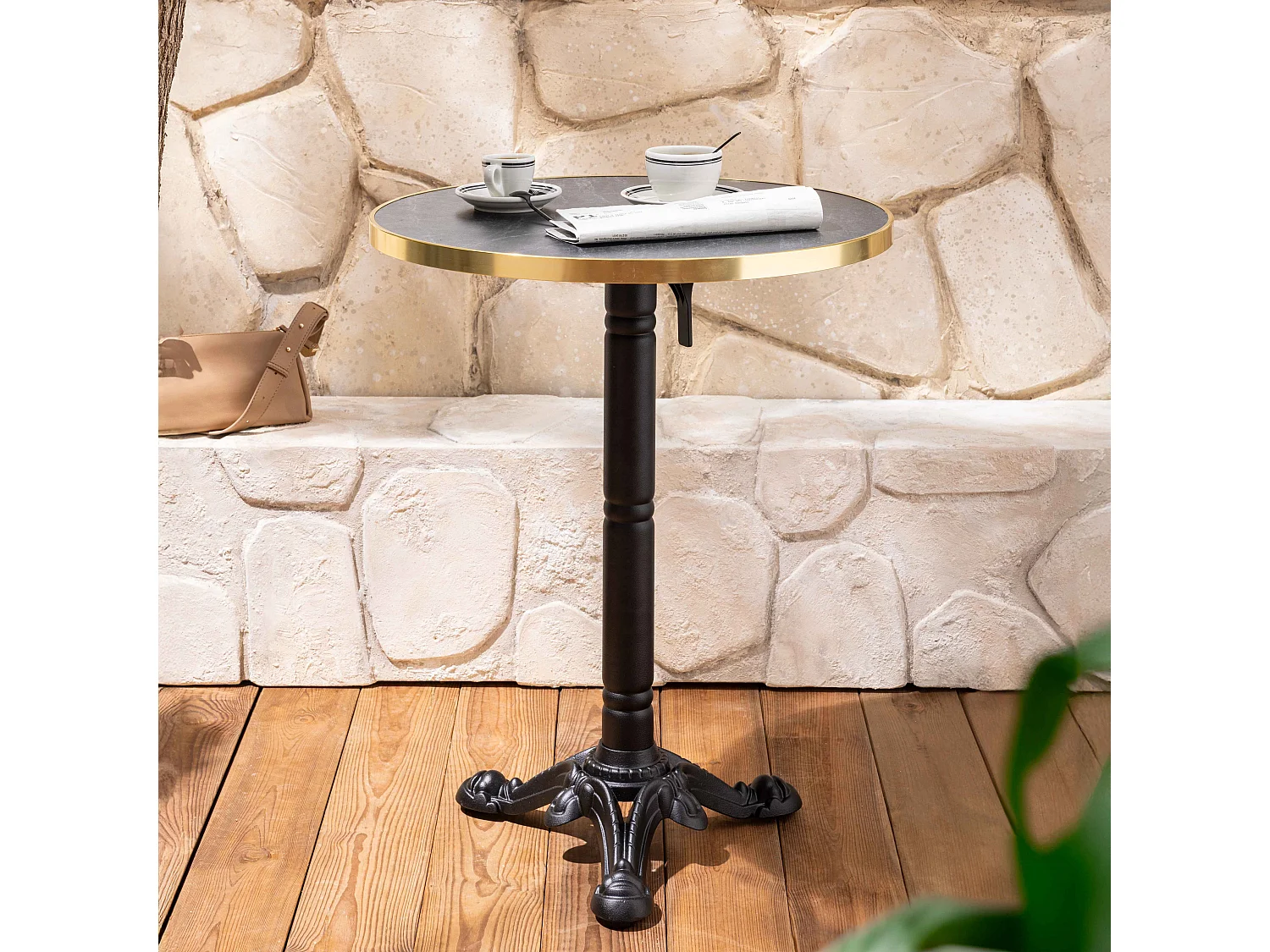 Table à mange ronde 60 cm inclinable marbre noir/doré et pied noir