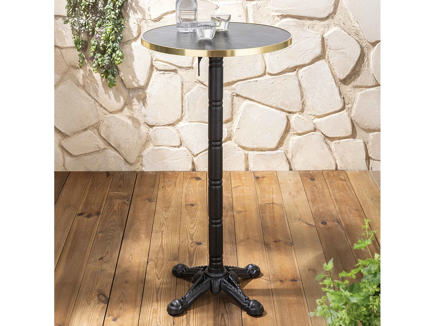 Table haute ronde 60 cm inclinable plateau marbre noir/doré et noir