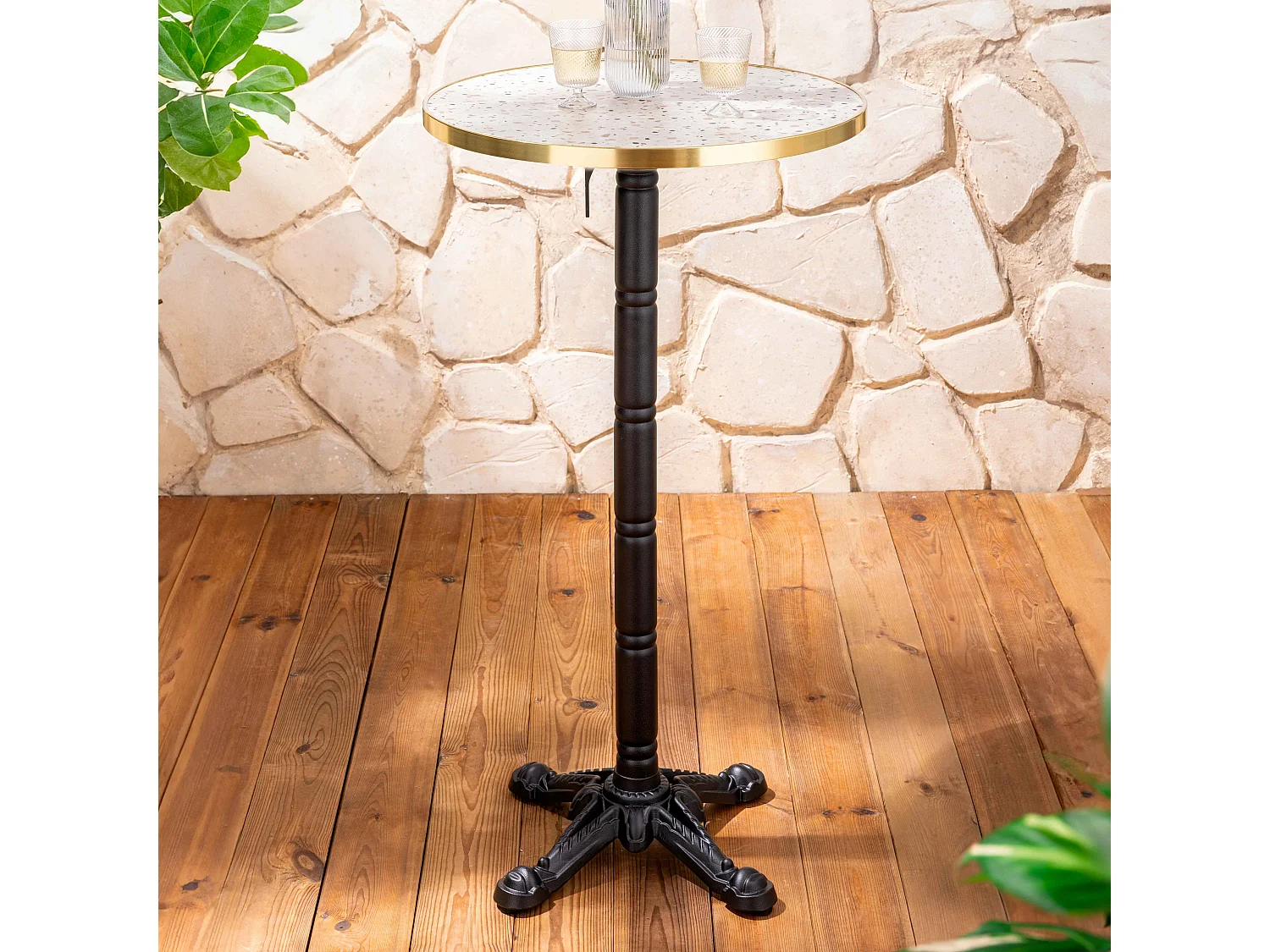 Table haute ronde 60 cm inclinable plateau terrazzo/doré et pied noir