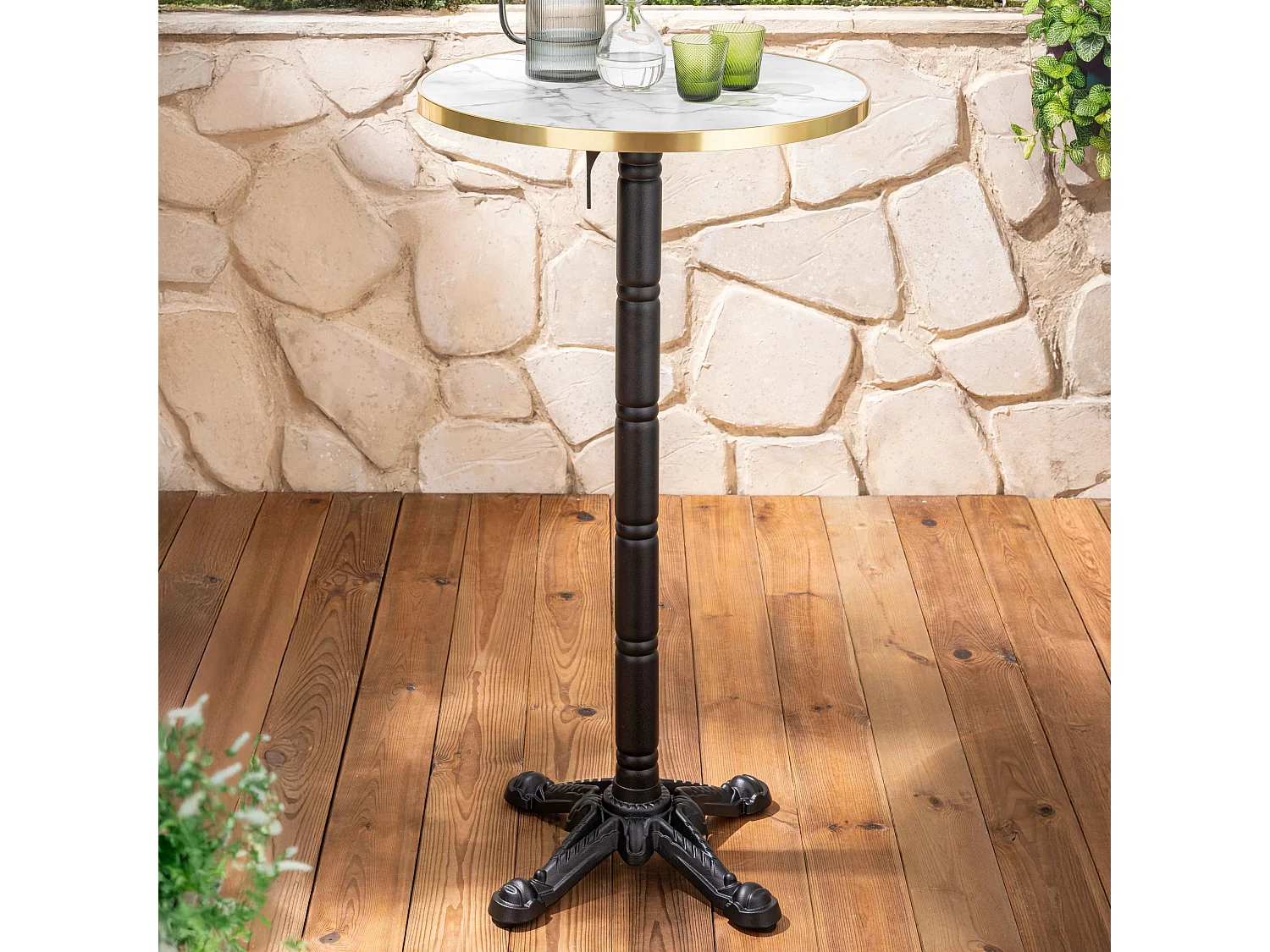 Table haute ronde 60 cm inclinable plateau marbre blanc/doré et noir