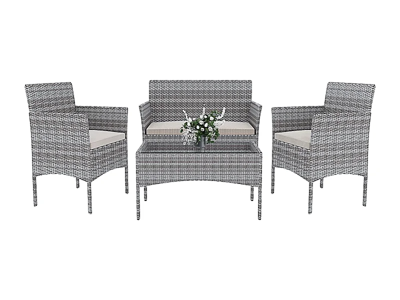 Set Di Mobili da Giardino Salotto Salottino in Rattan 4 Posti con Tavolino Ripiano In Vetro 2 Poltrone Divano 2 Posti Giardino Esterno Cuscini Grigio