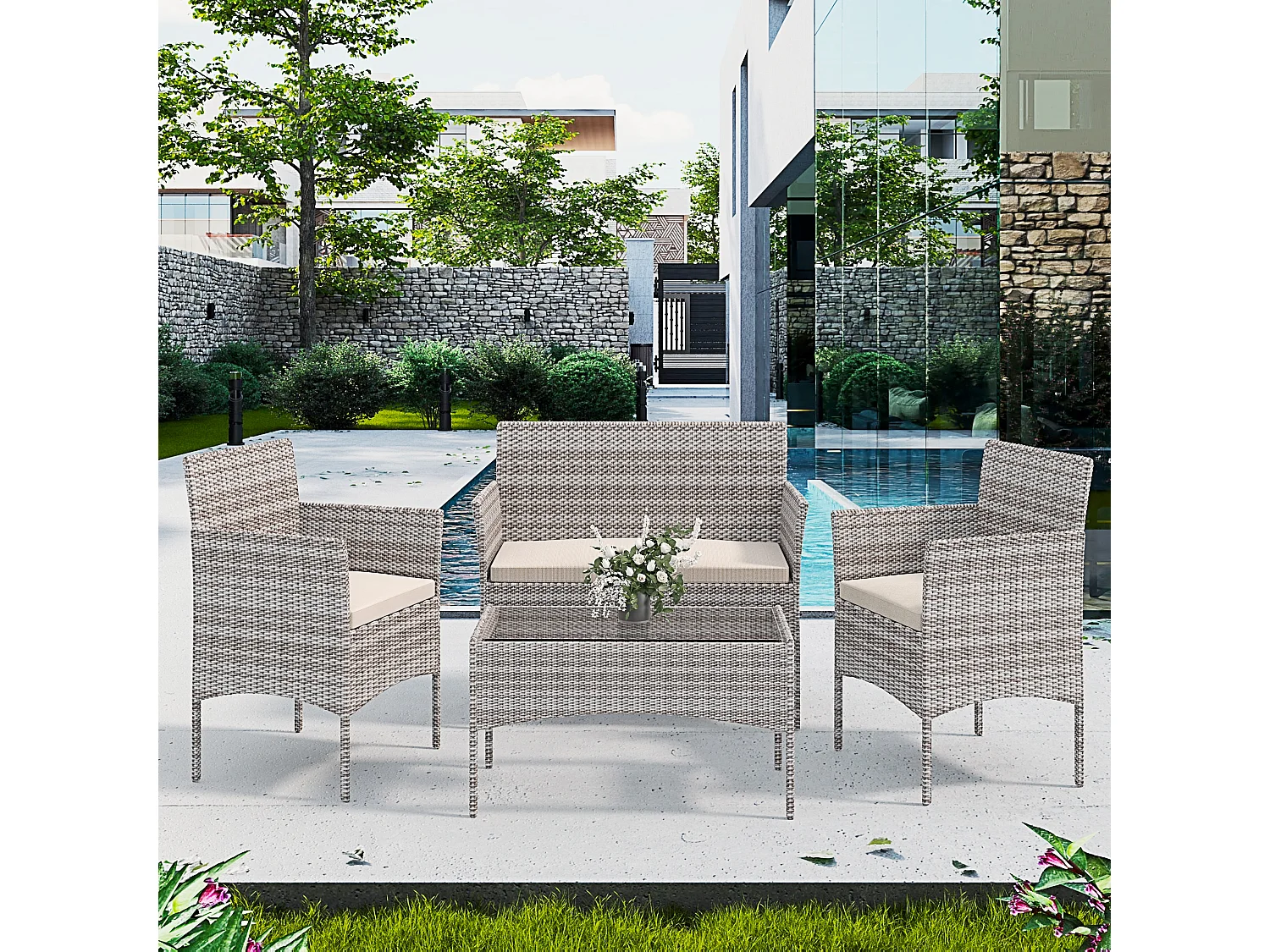 Set Di Mobili da Giardino Salotto Salottino in Rattan 4 Posti con Tavolino Ripiano In Vetro 2 Poltrone Divano 2 Posti Giardino Esterno Cuscini Grigio