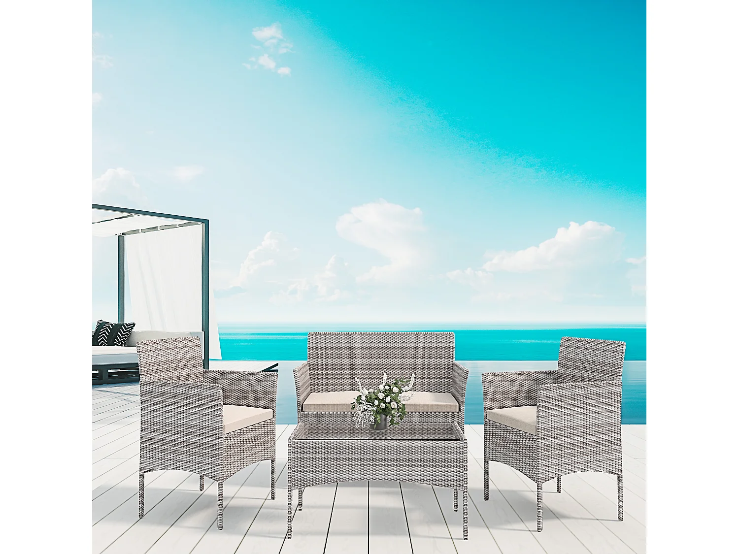 Set Di Mobili da Giardino Salotto Salottino in Rattan 4 Posti con Tavolino Ripiano In Vetro 2 Poltrone Divano 2 Posti Giardino Esterno Cuscini Grigio