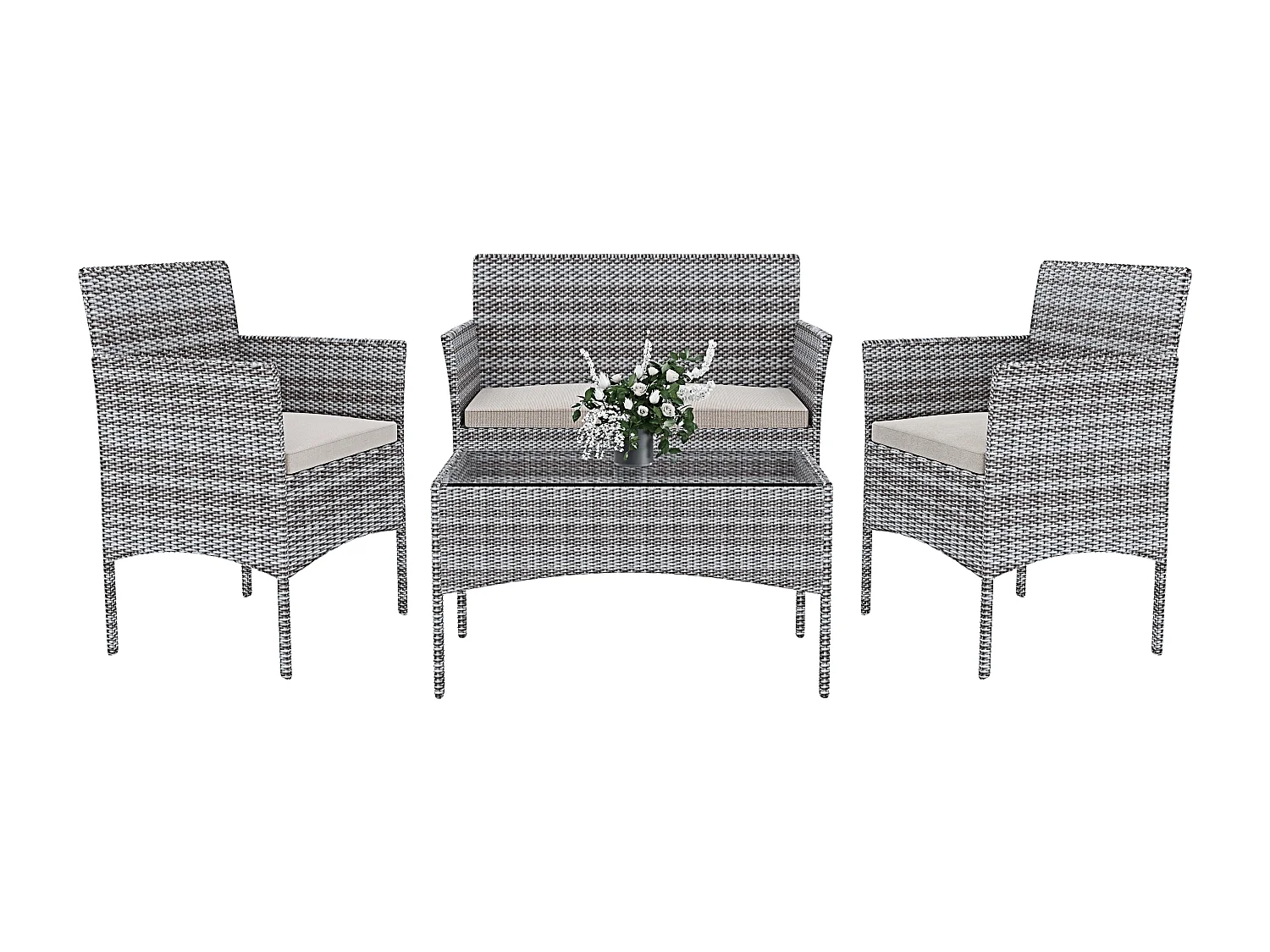 Arreditaly Set Di Mobili da Giardino Salotto Salottino in Rattan 4 Posti con Tavolino E Ripiano In Vetro 2 Poltrone e Divano 2 Posti Per Giardino Esterno Piscina Cu