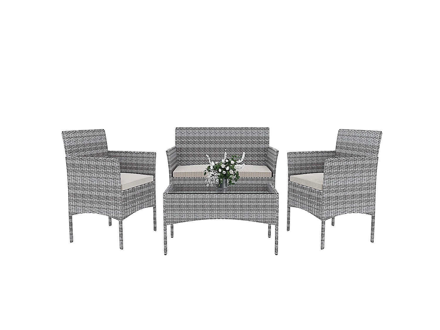 Arreditaly Set Di Mobili da Giardino Salotto Salottino in Rattan 4 Posti con Tavolino E Ripiano In Vetro 2 Poltrone e Divano 2 Posti Per Giardino Esterno Piscina Cu
