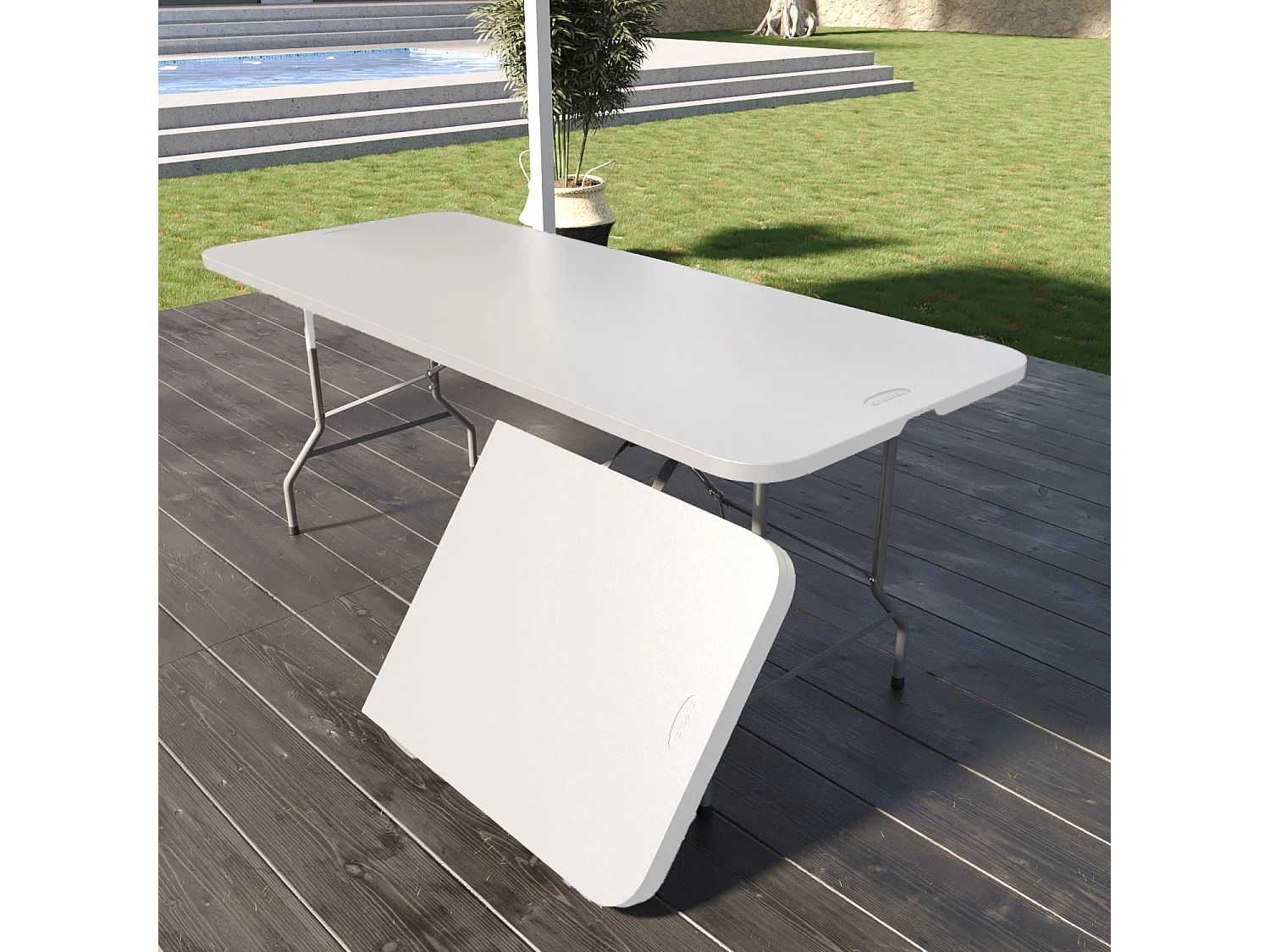 Tavolo Tavolino Pieghevole In Dura Resina Set Birreria Facile Trasporto Con Maniglie Ideale Per Giardino Campeggio Terrazzo Fiere Sagre 180 x 74 x 74 cm Bianco
