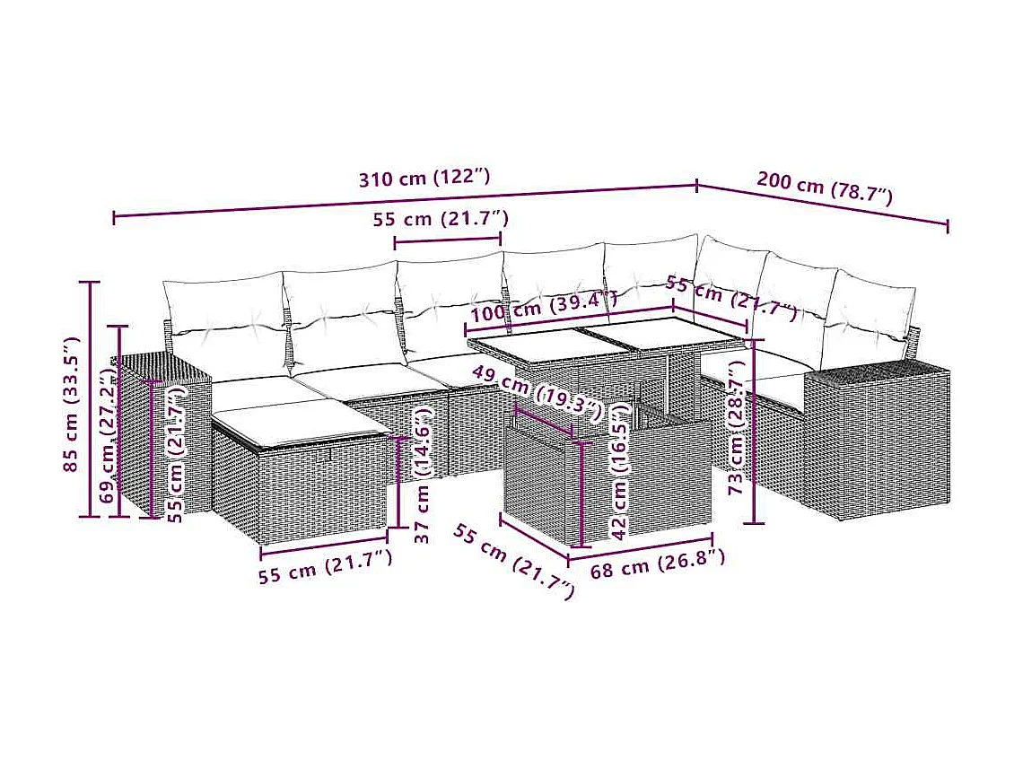 Zestaw Mebli Ogrodowych Modułowych 9 szt. Brązowy Polirotan z Poduszkami i Stołem ze Szklanym Blatem