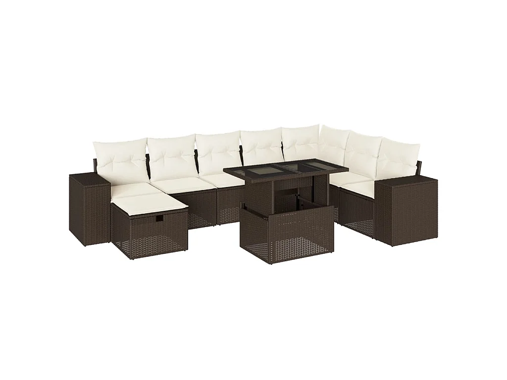 Zestaw Mebli Ogrodowych Modułowych 9 szt. Brązowy Polirotan z Poduszkami i Stołem ze Szklanym Blatem
