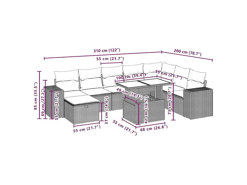 Zestaw Mebli Ogrodowych Modułowych 9 szt. Brązowy Polirotan z Poduszkami i Stołem ze Szklanym Blatem