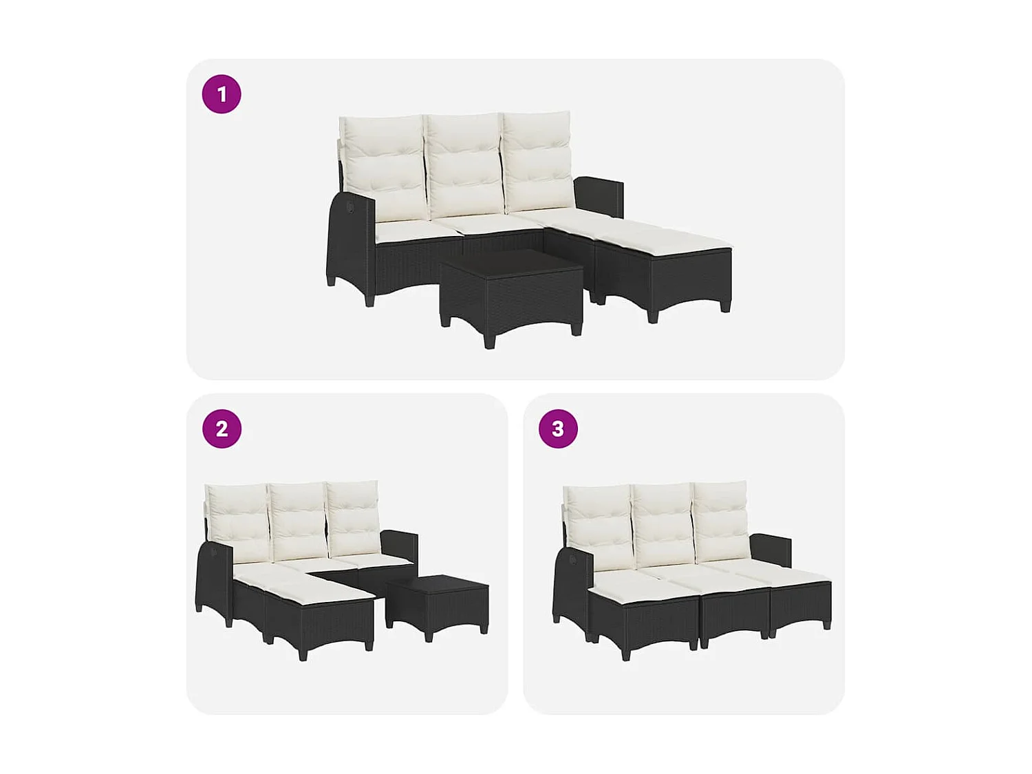 Salon de jardin 3 pcs avec coussins forme L noir résine tressée