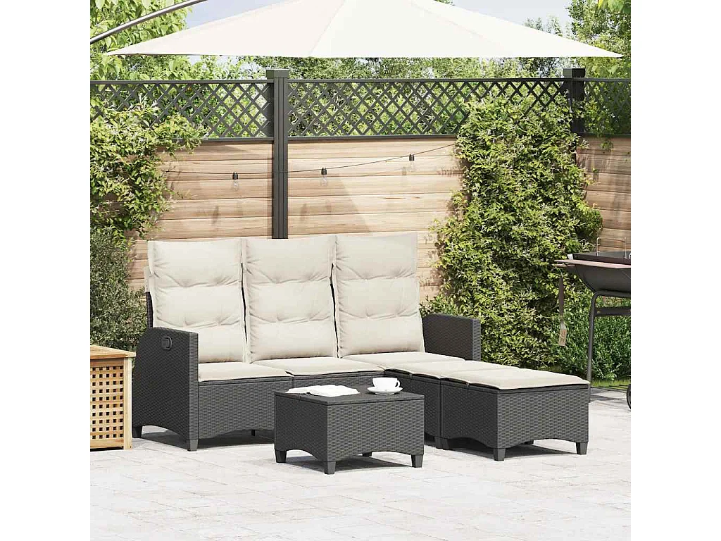Salon de jardin 3 pcs avec coussins forme L noir résine tressée