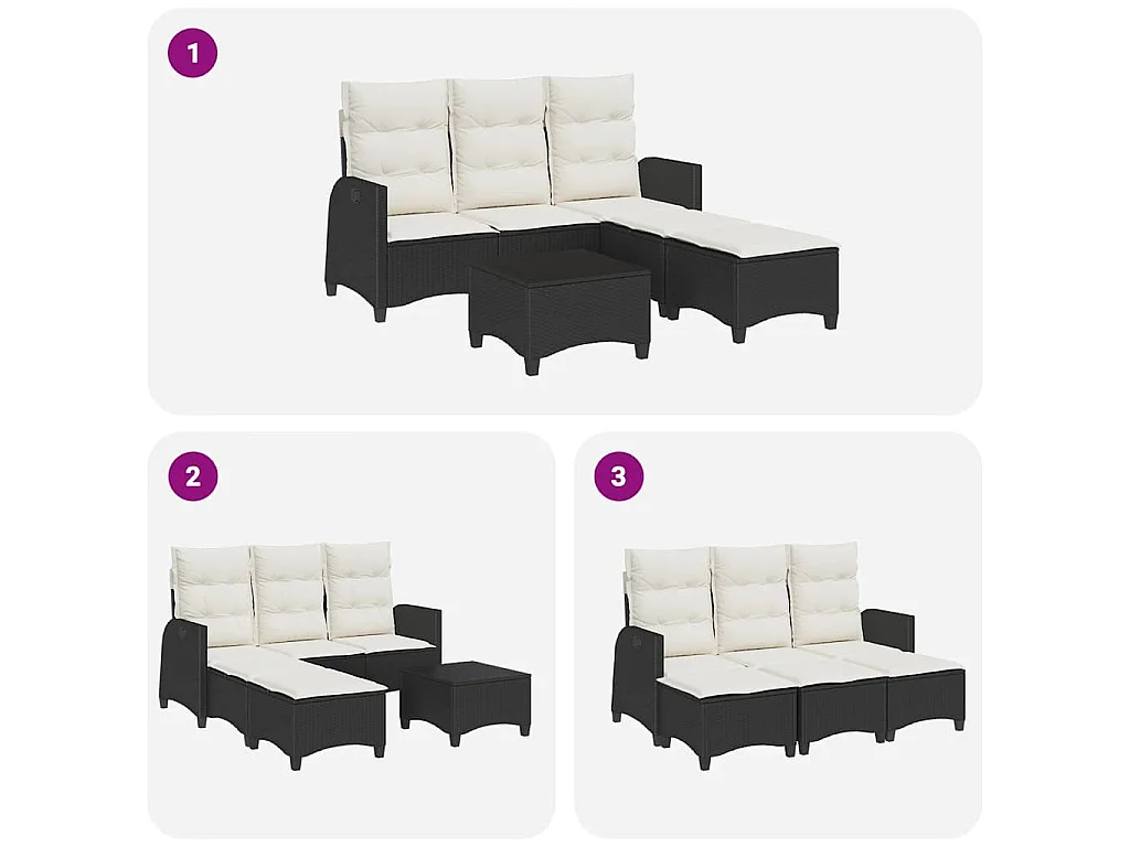 Salon de jardin 3 pcs avec coussins forme L noir résine tressée