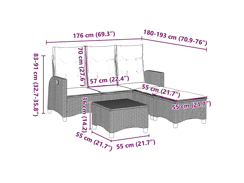 Set Divani da Giardino 3 pz con Cuscini a Forma di L Polyrattan