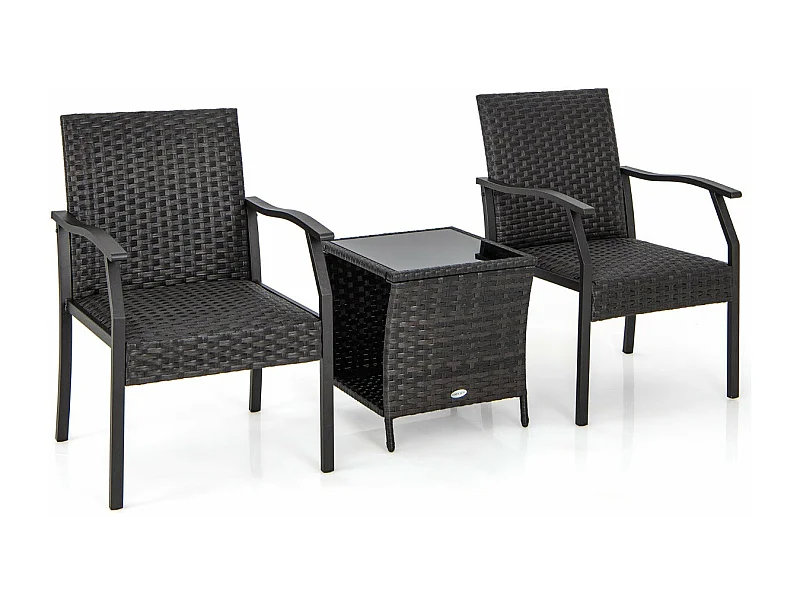 Juego de mesa y sillas de mimbre para patio, 3 piezas, asiento acolchado, tapa de vidrio templado, marco de metal reforzado, muebles de ratán tejido 20_0002714