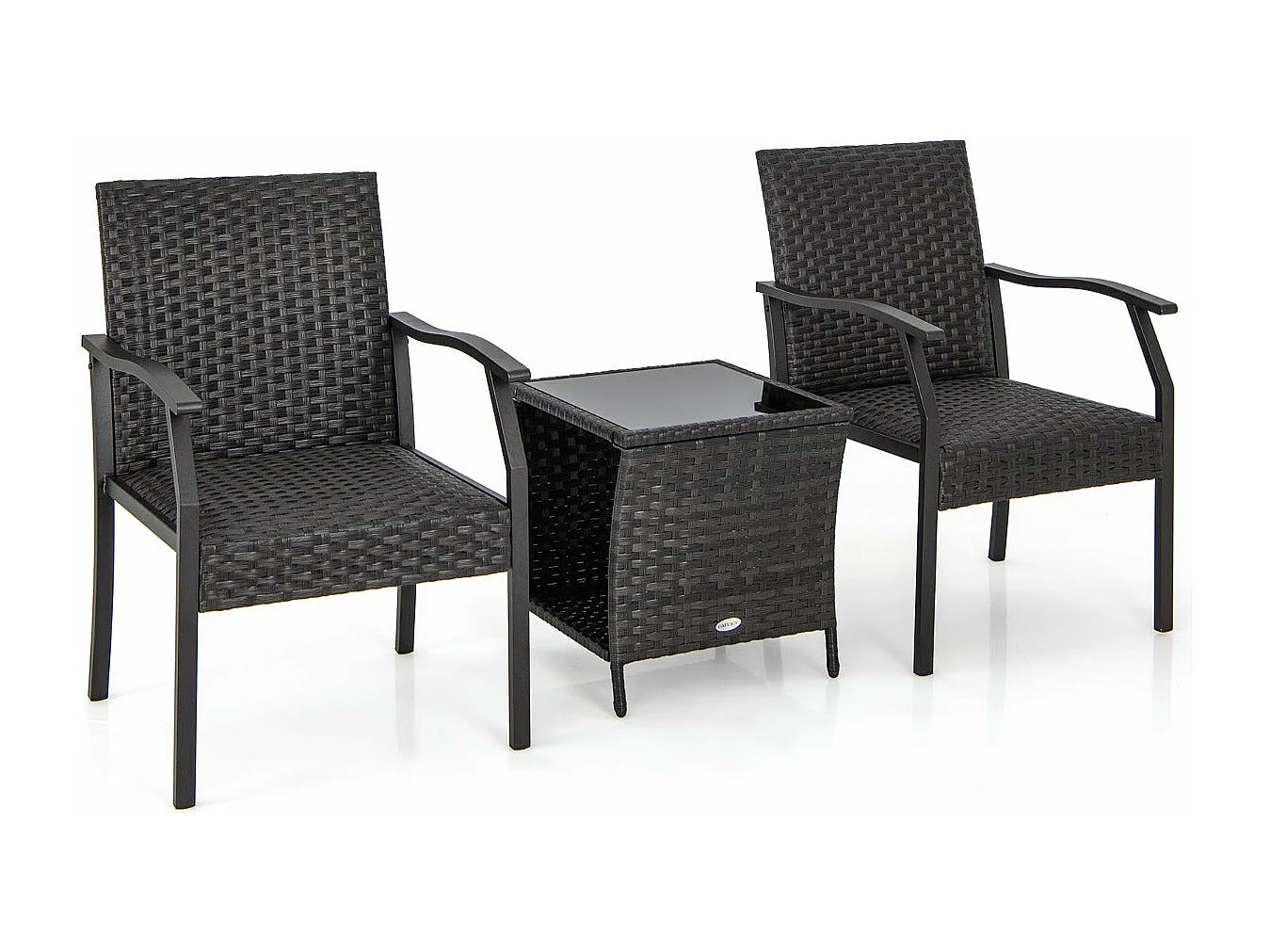 Juego de mesa y sillas de mimbre para patio, 3 piezas, asiento acolchado, tapa de vidrio templado, marco de metal reforzado, muebles de ratán tejido 20_0002714