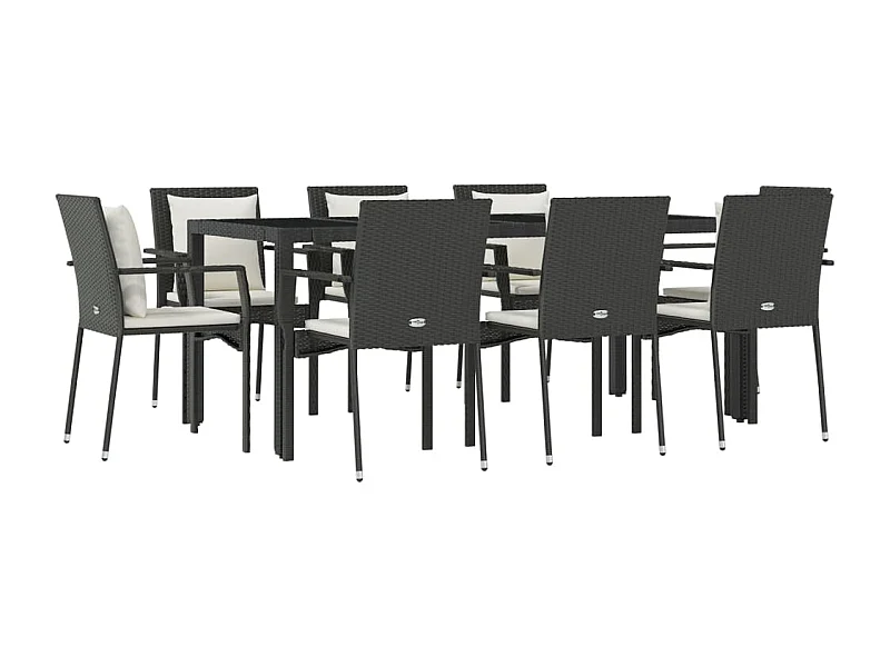 Mueble comedor de jardín de 9 piezas y cojines de resina tejida en negro 02_0014839