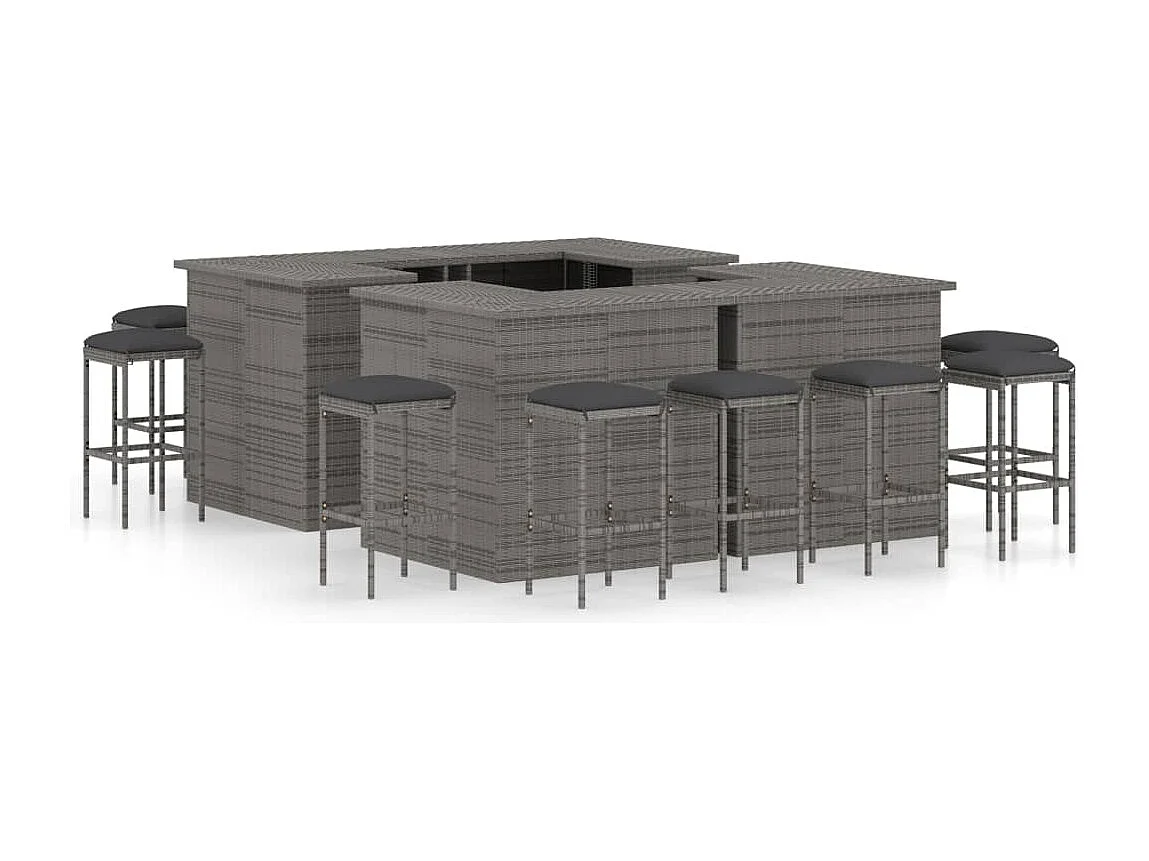 Mueble bar de jardín de 16 piezas y cojines de resina tejida gris 02_0014497