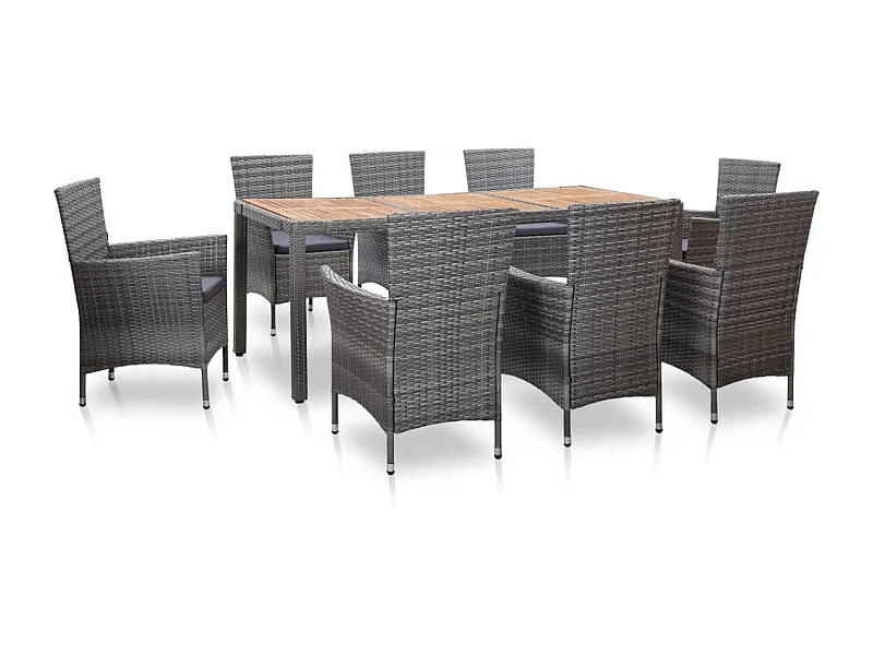 Mueble comedor de jardín de 9 piezas y cojines de resina tejida gris 02_0014843