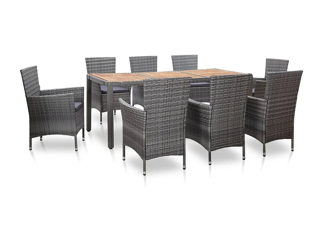 Mueble comedor de jardín de 9 piezas y cojines de resina tejida gris 02_0014843