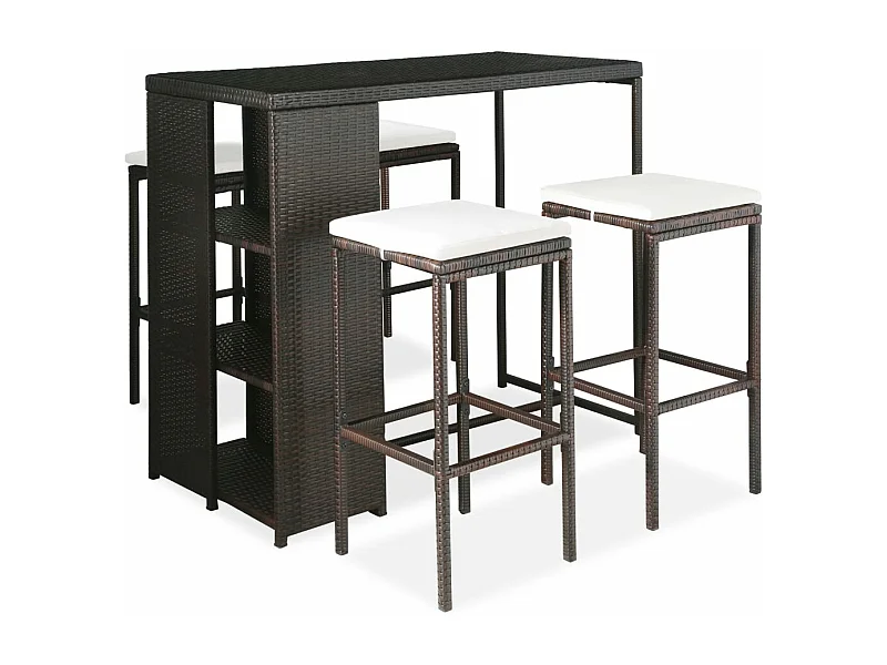 Mueble bar de jardín de 5 piezas y cojines de resina tejida marrón 02_0014503