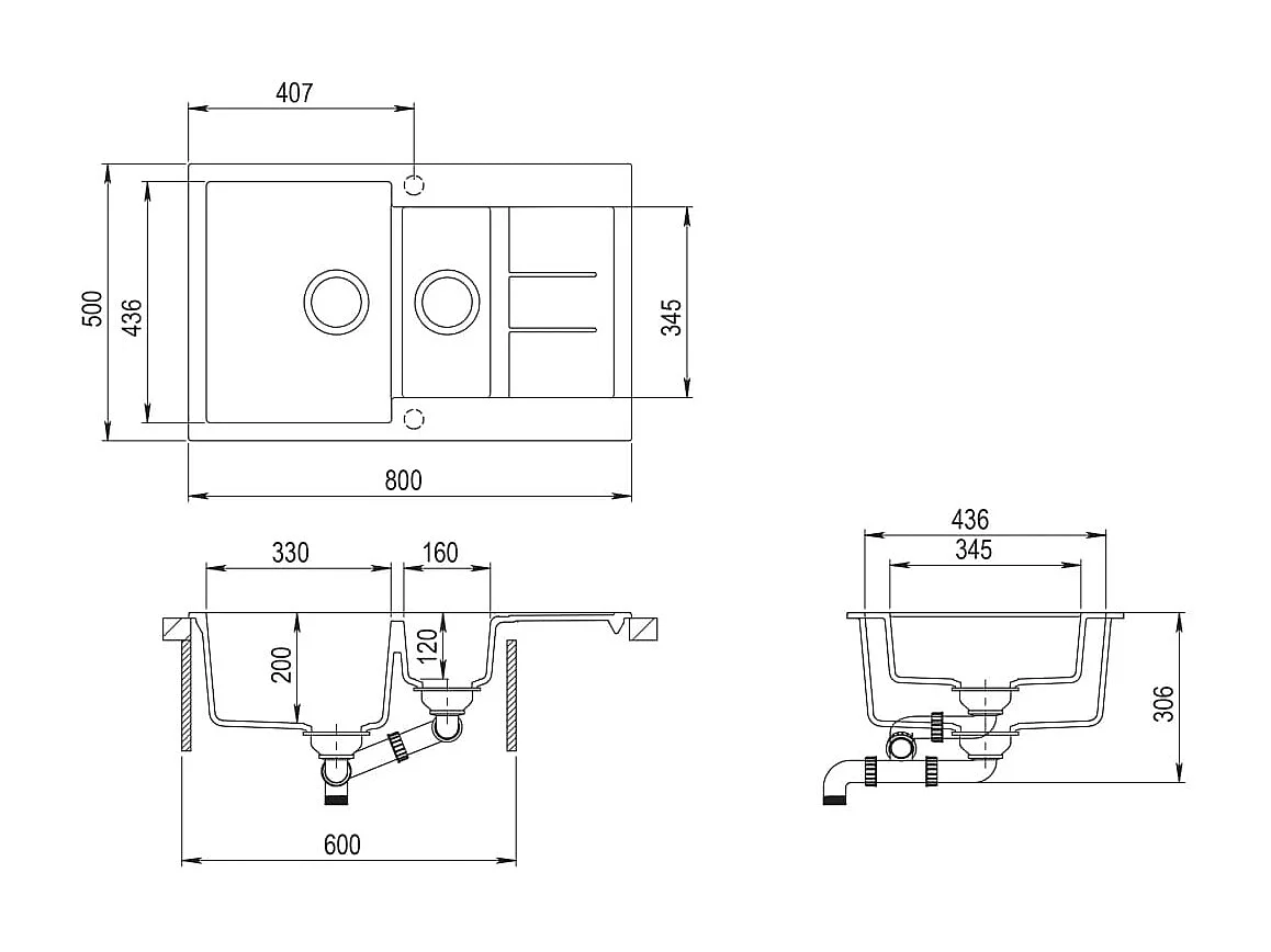 Évier de cuisine double blanche 80 x 50 x 30.6 cm 02_0002344