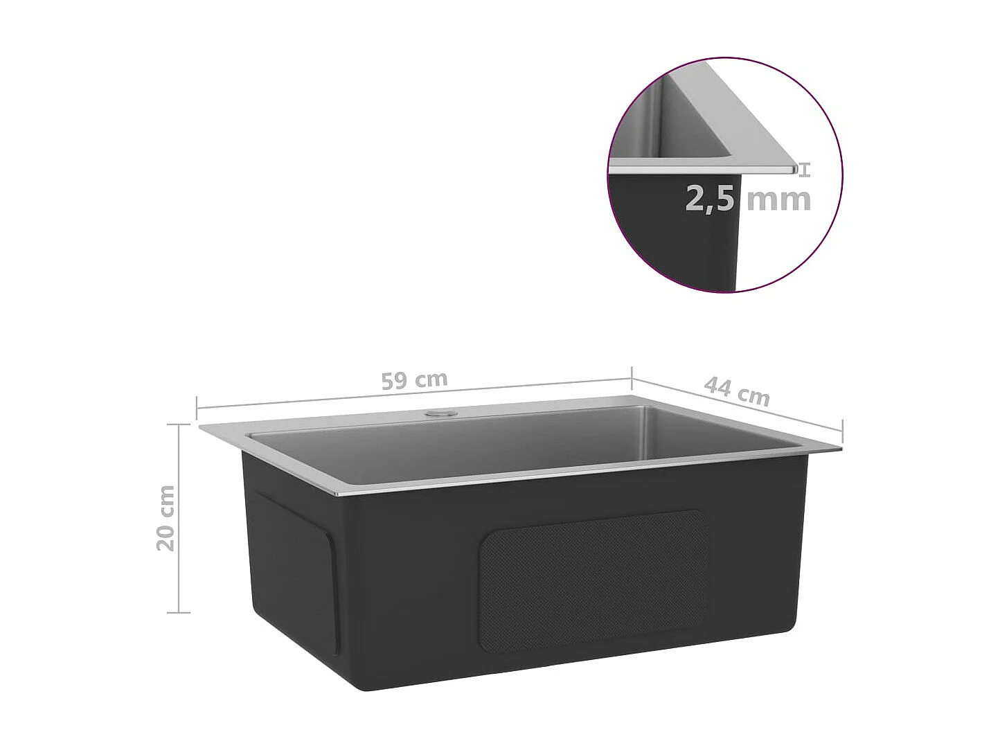 Fregadero de cocina hecho a mano 59 x 44 cm acero inoxidable plateado 02_0002463