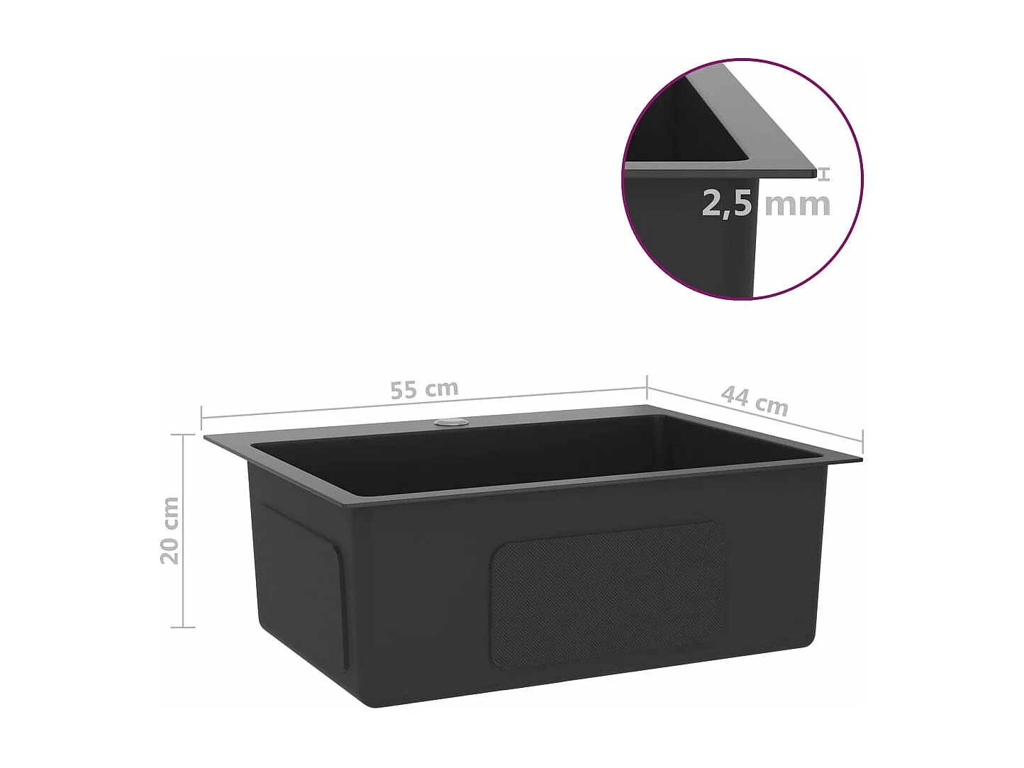 Fregadero de cocina hecho a mano 55 x 44 cm acero inoxidable negro 02_0002462