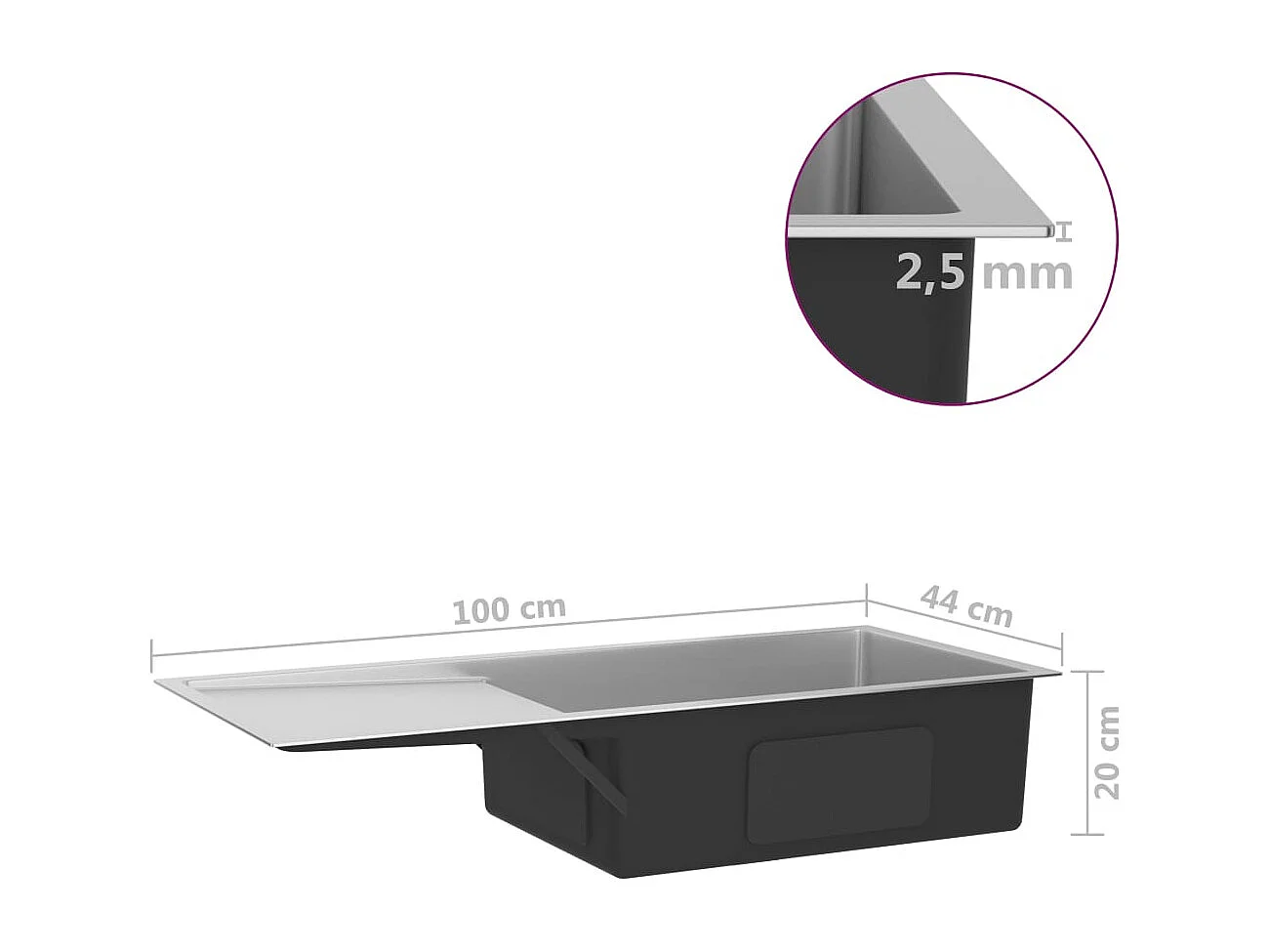 Évier de cuisine fait argenté 100 x 44 x 20 cm 02_0002475