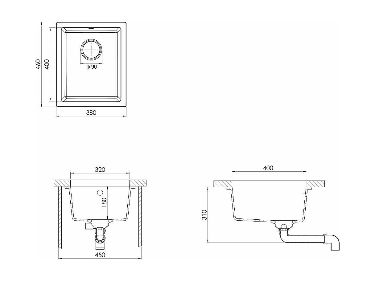 Lavello cucina con foro troppopieno 38 x 46 cm granito bianco 02_0002396