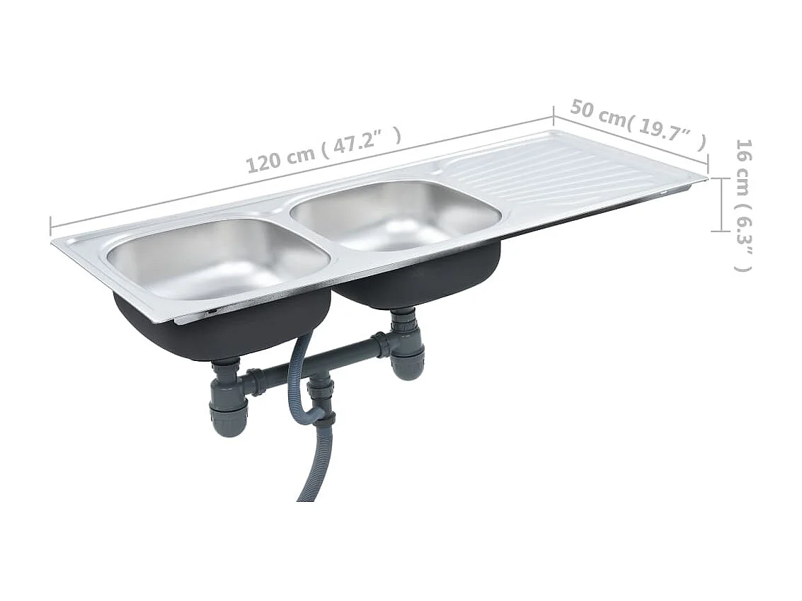 Fregadero doble con colador y sifón 120 x 50 cm acero inoxidable 02_0002360