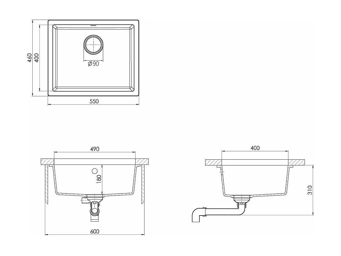Évier de cuisine avec noire 55 x 46 x 19.4 cm 02_0002389