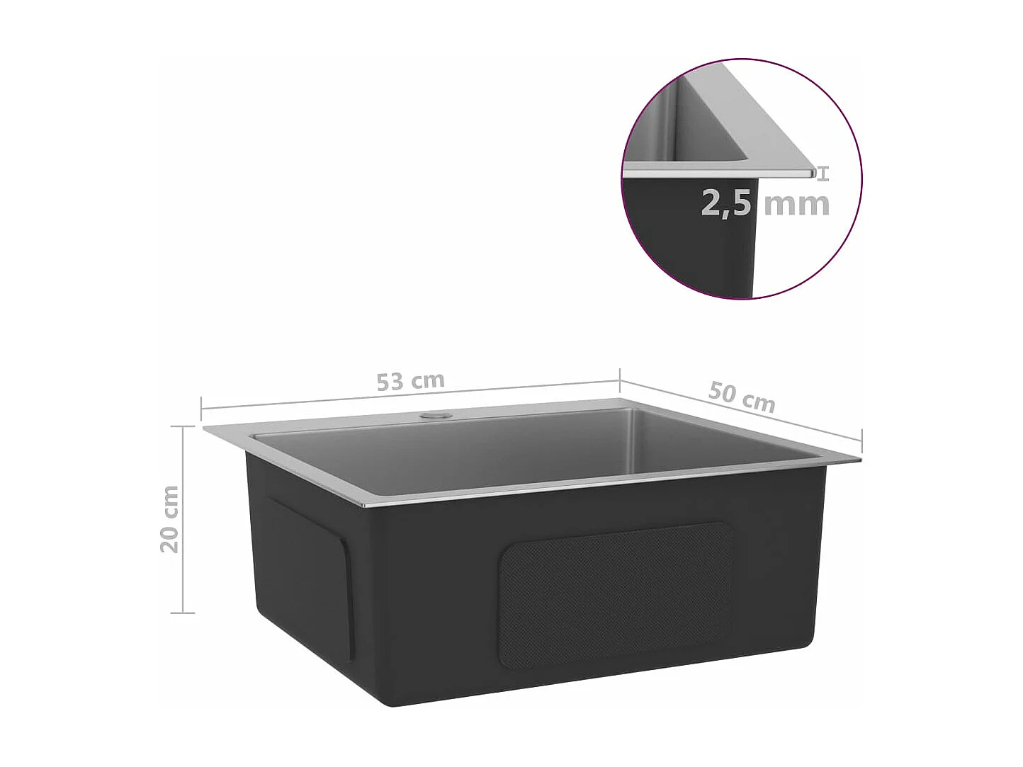 Fregadero de cocina hecho a mano 53 x 50 cm acero inoxidable plateado 02_0002459