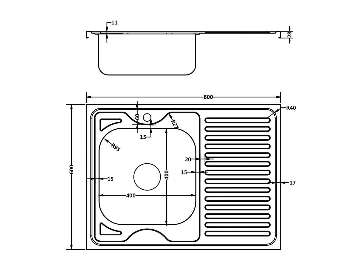 Juego de fregadero y escurridor de cocina plateado 80 x 60 cm acero inoxidable 02_0002428