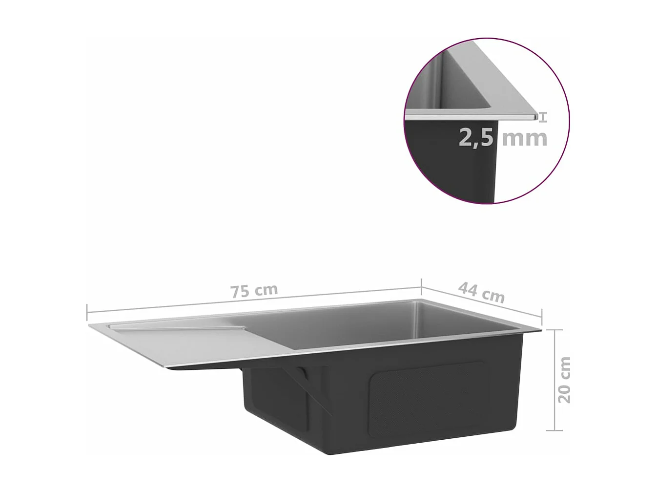 Évier de cuisine fait argenté 75 x 44 x 20 cm 02_0002469