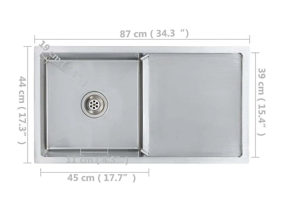 Lavello da cucina fatto a mano con piletta 87 x 44 cm in acciaio inox con finitura spazzolata 02_0004384