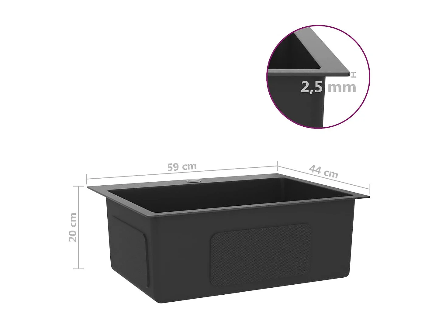 Fregadero de cocina hecho a mano 59 x 44 cm acero inoxidable negro 02_0002464